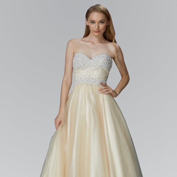 NEW LONG SLEEVELESS STRAPLESS A-LINE TULLE DRESS EMBROIDERED WITH PEARLS GL2155 - Picture 1 of 10